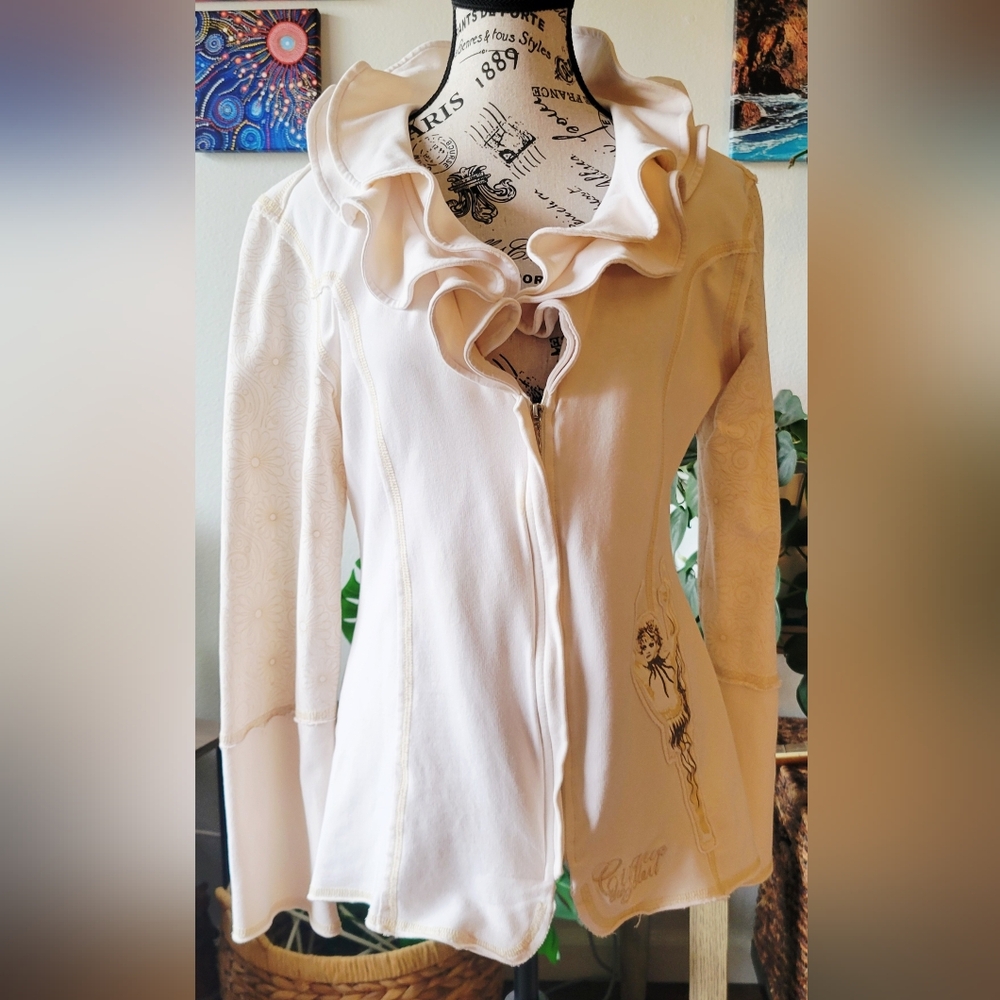 Women's Cream Ruffle Zip Hoodie